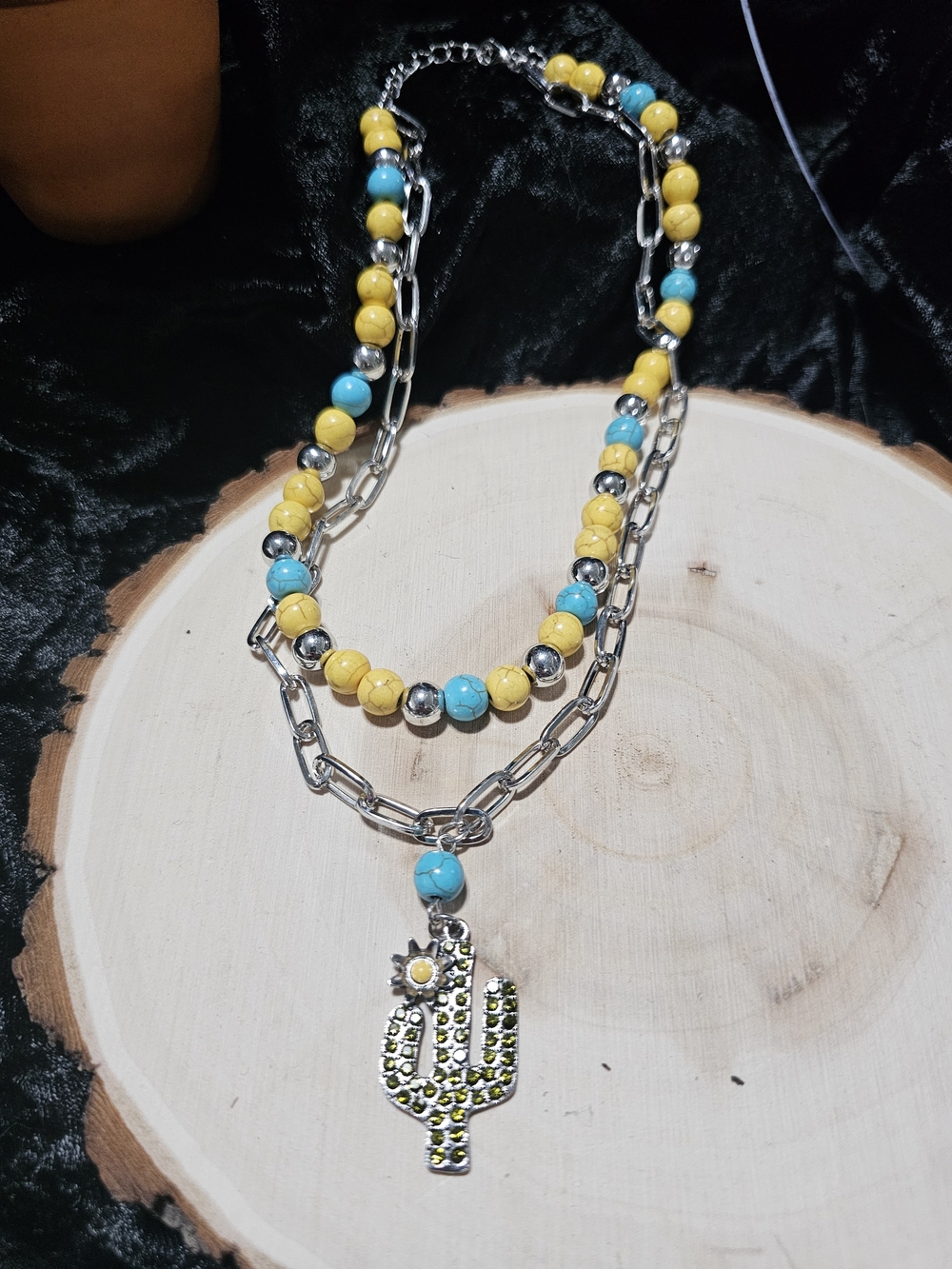 Layered Yellow & Turquoise Beaded Necklace with Cactus Pendant 18inches